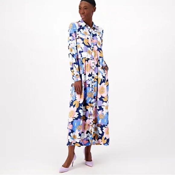Tolani Collection Floral Maxi Shirt Dress Medium, Long Sleeve Floral Retro Print - Picture 1 of 10